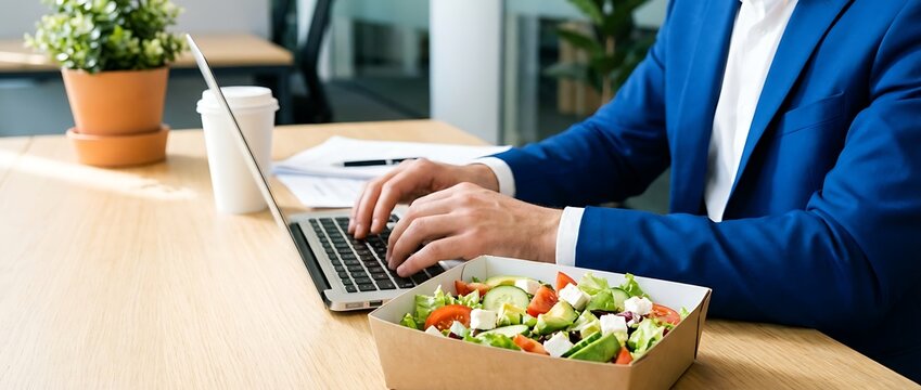 Businessman in blue suit working on laptop computer with salad lunch and coffee cup on office desk in bright modern workspace.