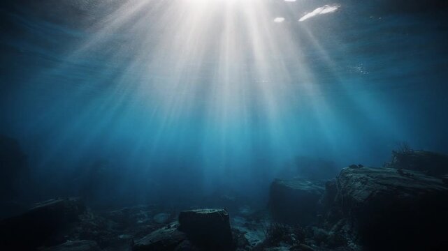 Underwater ocean scene with sunlight rays penetrating deep blue water over rocky seabed