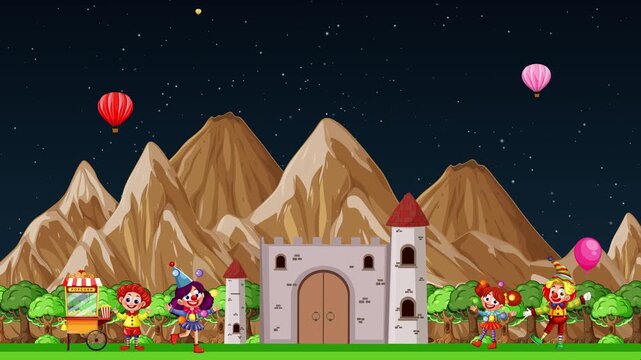 Animated Night Fairytale Scene with Castle Fireworks and Hot Air Balloons