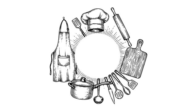 Vintage engraved kitchen utensils vector set with apron chef hood rolling pin and rustic cooking tools isolated on white