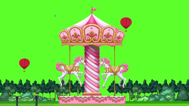 Animated Pink Carousel with Horses and Hot Air Balloons on Green Screen