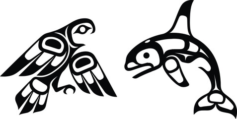 Pacific Northwest indigenous art style raven and orca jumping totem graphic. © jim's Cafe
