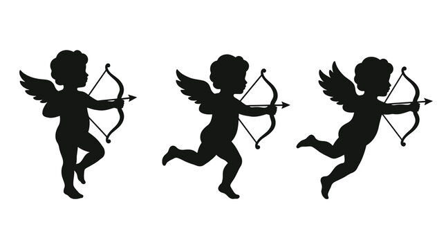 Set of silhouettes of cupid with a bow and arrow, black vector illustrations of cherubs for valentines day design