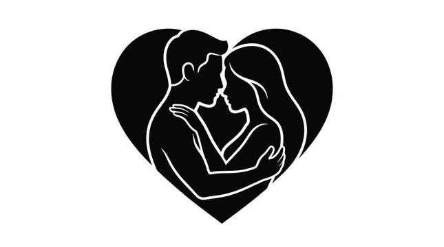 Romantic couple silhouette inside a heart shape, man and woman embracing, love and relationship concept, vector illustration