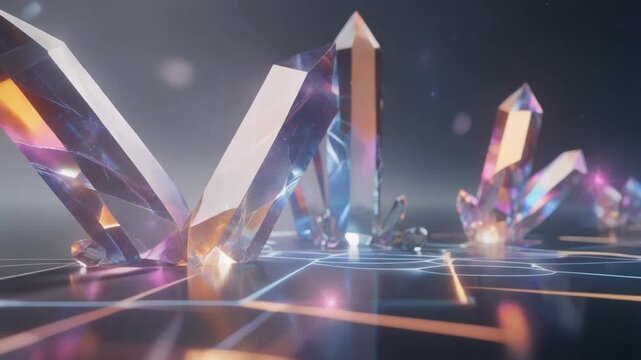 Shiny colorful crystal clusters glowing on futuristic reflective surface with light effects