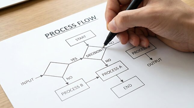 Close up of hand drawing flowchart with start decision yes no process a and process b options showing logical path for business operations.