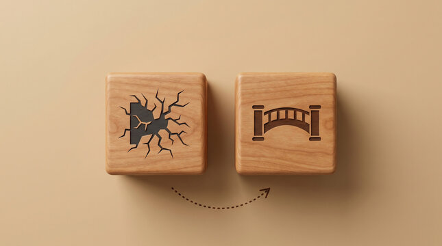 Two wooden cubes with broken wall and rebuilt bridge icons on a warm sand background, symbolizing conflict resolution and relationship repair.