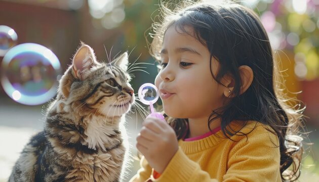 Adorable young girl and her cat blowing bubbles together outdoors on a sunny day.