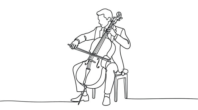 Continuous line drawing of a man playing the cello minimalist vector illustration of a musician performing with a string instrument