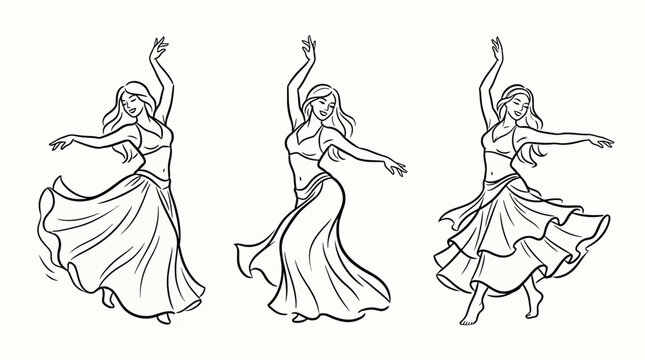 Set of three graceful belly dancers in flowing skirts performing traditional oriental folk dance, elegant line art illustration of women dancing with expressive hand movements and dynamic poses