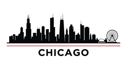 Fototapeta premium Chicago skyline silhouette with famous landmarks like willis tower and john hancock center, minimalist city landscape illustration with navy pier ferris wheel and text
