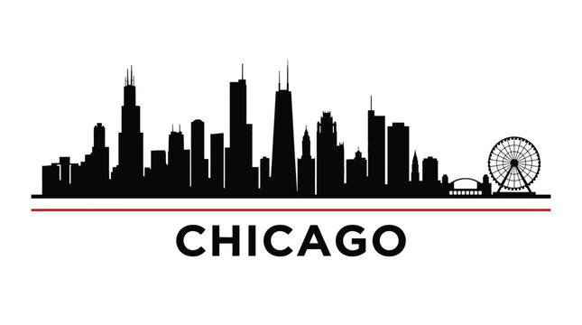 Chicago skyline silhouette with famous landmarks like willis tower and john hancock center, minimalist city landscape illustration with navy pier ferris wheel and text