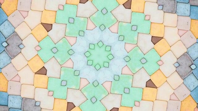 Mesmerizing geometric kaleidoscope pattern with 4K pastel stone textures and symmetrical abstract motion for background loops.
