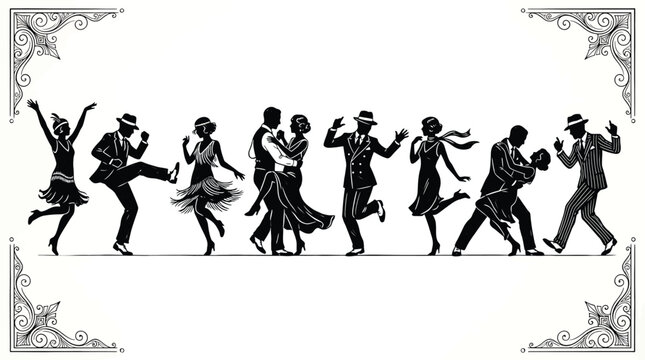 Vintage 1920s jazz age dancers silhouette illustration roaring twenties flappers and gentlemen in suits dancing at a gatsby style party retro art deco design elements