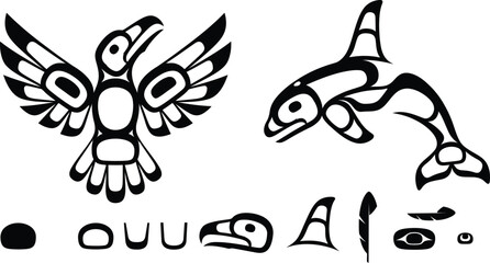 Obraz premium Indigenous style raven and orca totem set with abstract symbols and feathers.