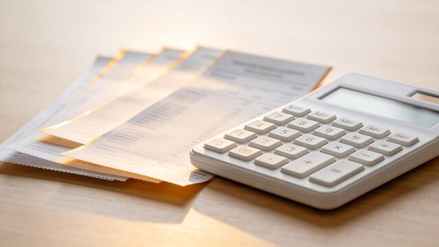 Calculator and receipts on wooden surface