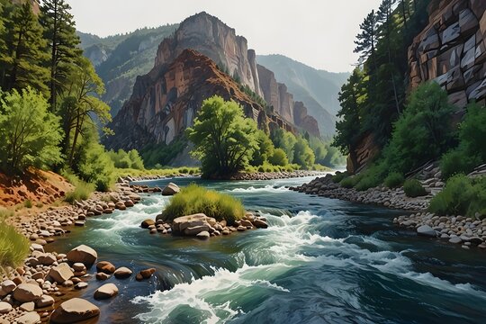 Steep river canyon with rushing water