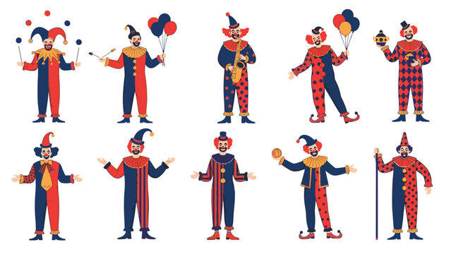 Collection of circus clowns in various colorful costumes and poses performing juggling and playing musical instruments for show.