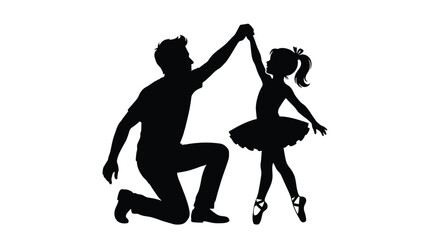 Fototapeta premium Silhouette of a father kneeling and dancing with his little daughter wearing a tutu