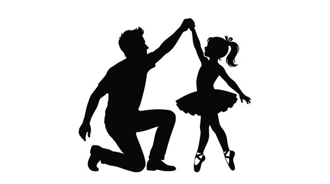 Silhouette of a father kneeling and dancing with his little daughter wearing a tutu