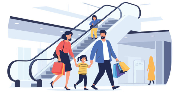 Family with a young child walking through a shopping mall carrying bags while passing an escalator and other busy shoppers.