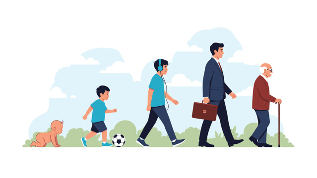 Evolution of man from infancy to old age shown through distinct stages of growth in a natural outdoor park setting.