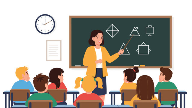 Female teacher using a pointer to explain geometric shapes on a chalkboard to attentive elementary students in class.