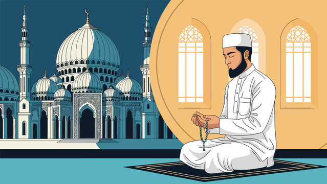Muslim man in traditional white clothing sitting and praying with beads inside a beautiful and grand mosque hall.