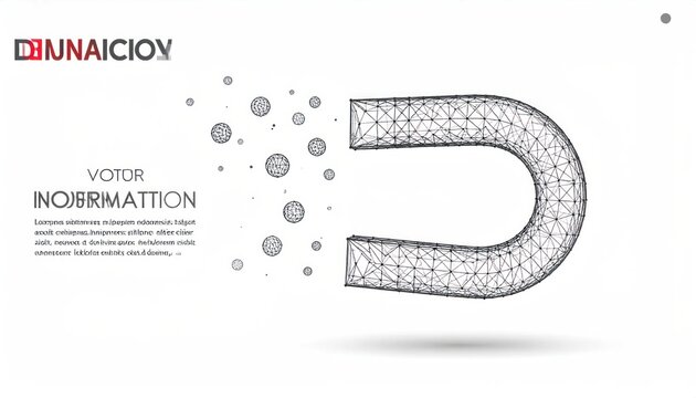 Abstract 3D wireframe U-shaped magnet attracting numerous polygonal spheres against a clean white background depicting data pull or information flow.