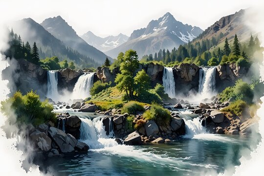 Waterfalls cascading from mountain sides into the valley