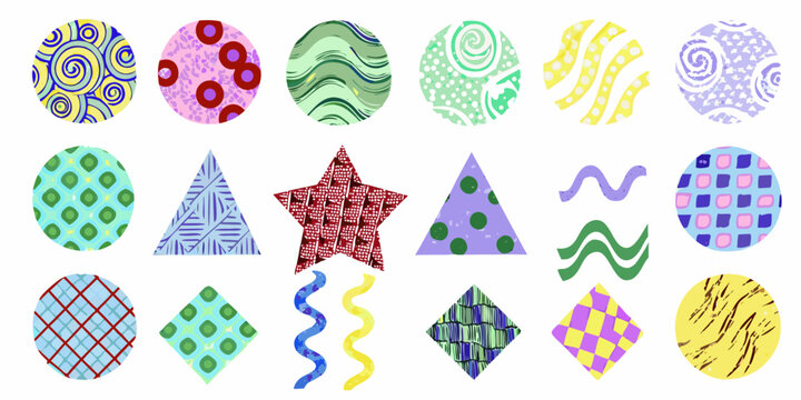 Colorful abstract shapes and patterned easter eggs on a white background