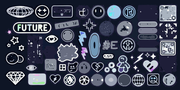 A collection of playful digital stickers and icons on a dark background