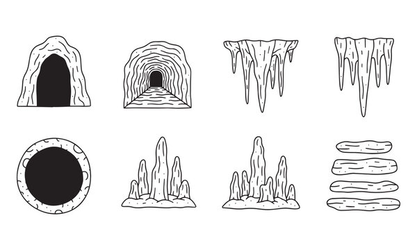 Collection of cave and rock formation line art icons, featuring entrances, tunnels, stalactites, stalagmites, and stratified rocks illustrations.