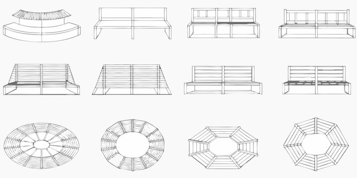 Architectural renderings of various benches and circular structures shown in grayscale