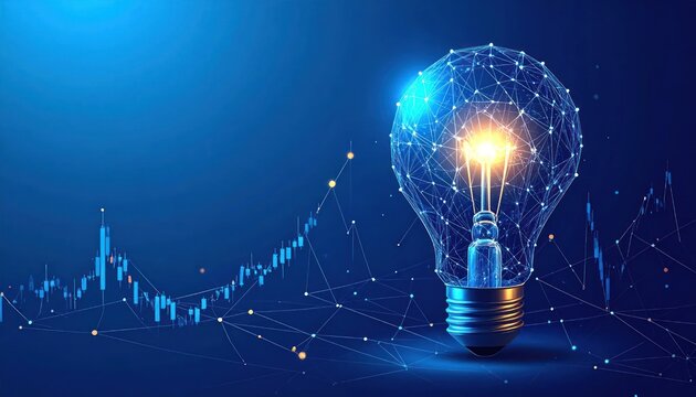 Abstract blue lightbulb with digital network and rising financial chart representing innovation technological ideas and successful business growth.