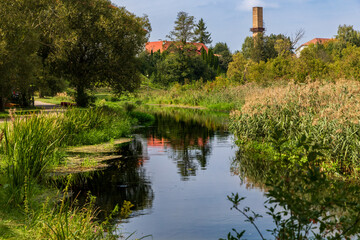 River landscape in Supraśl, Poland, calm water with reflections and green vegetation, rural scenery in Podlasie region © Anna