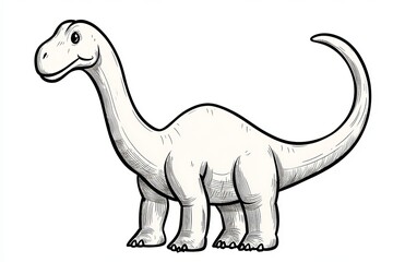 Naklejka premium Cute Cartoon Dinosaur with Long Neck in Black Outline, 2D Flat Design, Adorable Expression on White
