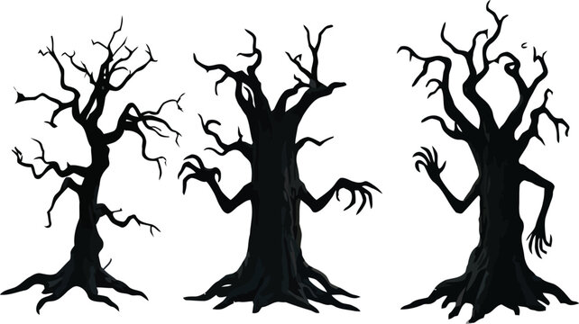 Three spooky silhouetted trees with gnarled branches and claw like limbs stand against a white background