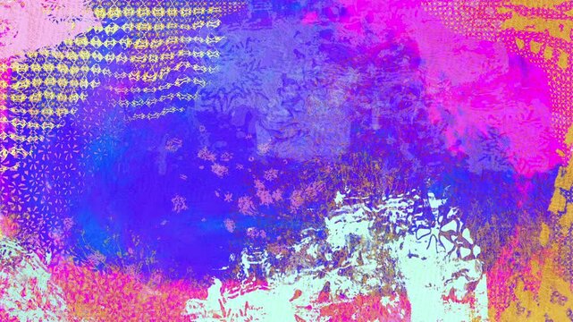 Abstract Mixed Media Background with Grunge Texture, Traditional Cultural Patterns and Vibrant Pop Art Colors. Seamless Loop animation.
