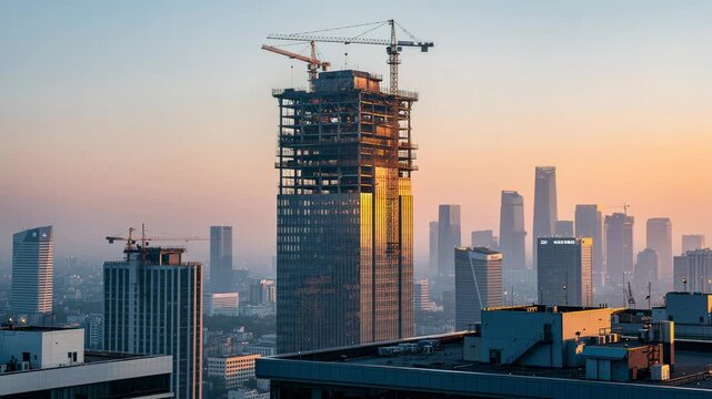 Sunset city skyline with modern skyscrapers and construction cranes in urban business district