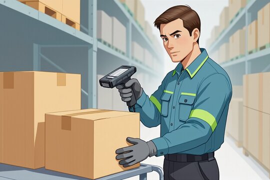 Inventory clerk scans boxes in a warehouse aisle during stock control