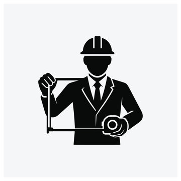 Icon of a drafting engineer or architect using a T-square and compass to draw a blueprint.