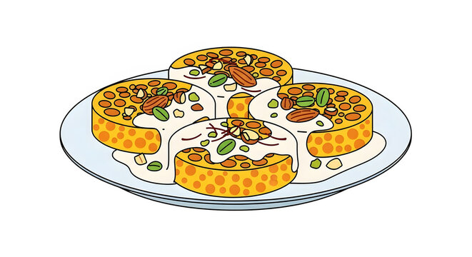 Traditional Indian Rajasthani Ghevar Sweet with Rabri and Nuts Illustration. AI Generated