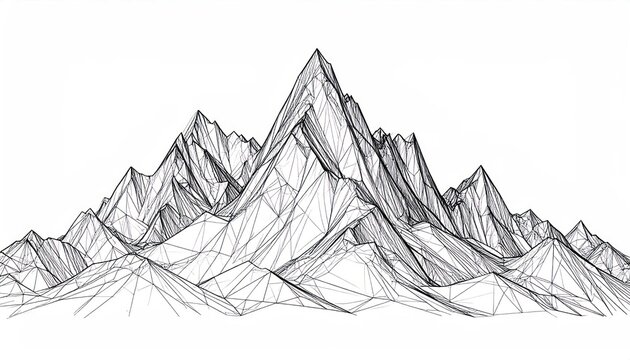 Abstract geometric wireframe mountain range rendered in minimalist black lines on a clean white background depicting complex polygonal peaks and valleys for technical design.