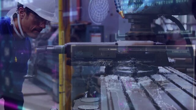 Tech tuning levers starting spindle and milling in factory for accuracy while UI overlays appearing