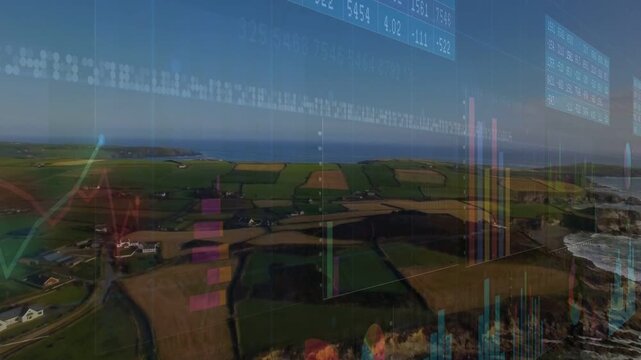 Camera starting aerial sweep while coastal fields, faint charts animating and showing yield trends