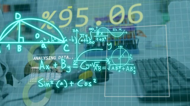 Worker scanning counter, HUD covering hands, updating percent and growing math overlay for stock