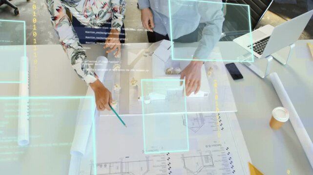 Architects pointing at plan, activating AR overlays and adjusting model for alignment