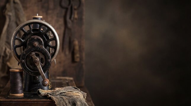 Antique vintage sewing machine with thread spool on dark wooden table