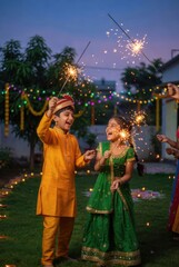 Naklejka premium Cheerful Indian boy and girl in traditional attire celebrate Diwali with sparklers and festive lights, radiating authentic cultural joy at dusk.